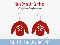 red sweater earrings with white snowflakes on them