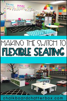 the inside of a classroom with tables and chairs