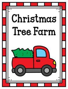 a red truck with a christmas tree on the back is in front of a sign that says, christmas tree farm