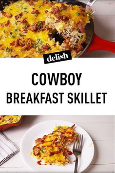 the cowboy breakfast skillet is ready to be eaten with a fork and plate next to it