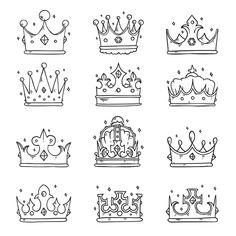 nine crowns that are drawn in line on a white background, each with different designs