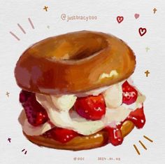 a painting of a bagel sandwich with strawberries and whipped cream on the top