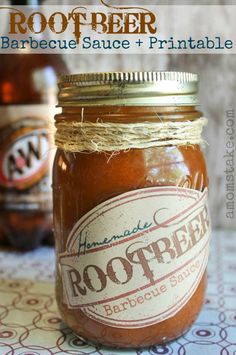 a mason jar filled with root beer barbecue sauce and printable label