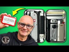 a man holding up an open case with tools in it and the words altoids written on