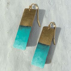 New Earrings 1.5”L 18k Gold Plated Ear Wires Antique Tone Gold Plated Rectangle Shaped Charms, Hand Painted Blue Greenish Patina Exclusive Handmade In Us California Fast Shipping Bundle Up And Save Even More Gold Rectangular Jewelry For Summer, Rectangular Gold Jewelry For Summer, Rectangular Gold Summer Jewelry, Rectangular Summer Earrings As Gift, Blue Dangle Earrings Cadmium-free, Hand Painted Earrings, New Earrings, Earring Sale, Rectangle Shape