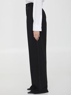 90% Virgin Wool, 8% Silk, 2% Polyester Luxury Wide-leg Pants For Evening, Luxury Wide-leg Evening Bottoms, Elegant Wide Leg Bottoms With Concealed Placket, Luxury Wide-leg Pants For Formal Occasions, Luxury Wide-leg Bottoms For Formal Occasions, Elegant Tapered Leg Bottoms For Evening, Elegant Tapered Leg Evening Bottoms, Luxury Straight Leg Bottoms For Evening, Luxury Full Length Bottoms For Evening