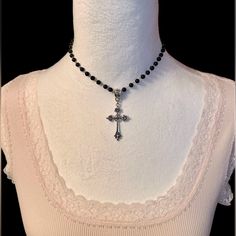 Black Beaded Choker Necklace With Silver Cross Pendant Charm Vintage Gothic Retro Women Men Unisex Jewelry Accessories Brand New Adjustable Lovely Cross Pendant Necklace, Beautiful Black Beaded Necklace With Silver Tone Cross Charm, Perfect Addition To Your Necklace Collection. Looks Great With Simple Or Fancy Outfits. *Brand New. *Necklace Length: 34cm+5cm Extension Chain. *Cross Size: 4cm Approximately. *Material: Zinc Alloy. * Ready To Ship Next Day * If You Are Interested In More Than One It Grunge Handmade Jewelry, Grunge Cross Necklace, Dark Beaded Jewelry, Vintage Jewelry Necklaces, Silver Gothic Jewelry, Goth Cross Necklace, Cross Jewelry Aesthetic, Vintage Beaded Necklace, Jewelry Making Inspiration