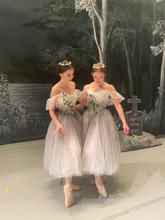 two young ballerinas dressed in white and grey tulle skirts are posing for the camera