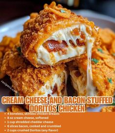 an advertisement for the cream cheese and bacon stuffed doritos chicken recipe on a plate