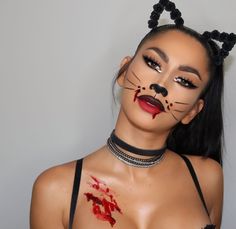 Holloween Makeup Cat, Scary Cat Halloween Makeup, Scary Cat Makeup, Easy Cat Makeup Halloween, Purim Makeup, Cat Costume Makeup, Fete Emo, Diy Fantasia