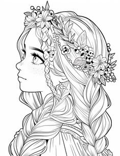 a girl with long hair and flowers in her hair