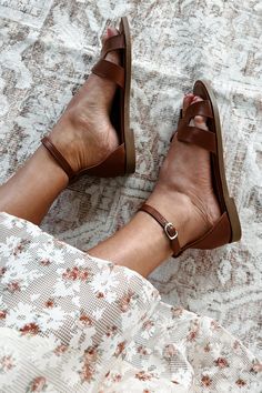 Color: Cognac Style: Flat Ankle Strap Sandal Adjustable Ankle Clasp H-Strap Cushioned Footbed Not Wide Foot Approved Runs True To Size Launched: 7/8/24 Ankle Strap Sandals, Strap Sandals, Cognac, Over 50, Ankle Strap, Product Launch, Sandals, Color