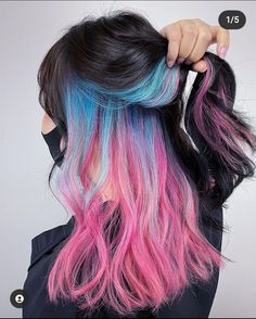 Blue And Pink Hair, Hidden Hair Color, Peekaboo Hair Colors, Cotton Candy Hair, Split Dyed Hair, Hair Color Underneath