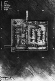 an aerial view of a building with the floor plan drawn out and labeled in black ink