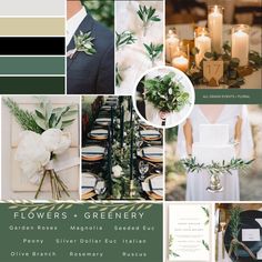 a collage of photos with flowers and greenery in green, white and black