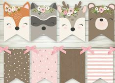 printable woodland animals bunting banners with pink and brown stripes, flowers and leaves