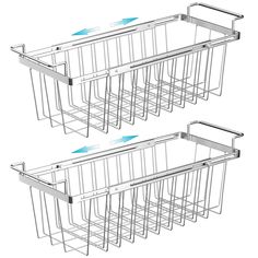 two metal racks with blue arrows on them and one is holding the same item in it