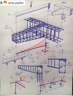 an architectural drawing with blue and red lines on the bottom, top and bottom part