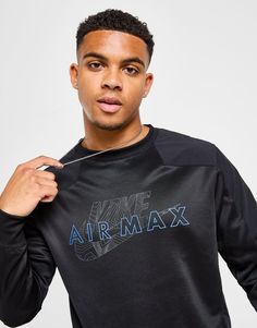 Layer up in a street-ready style with this men's Air Max Crew Sweatshirt from Nike. In a Black colourway, this jumper is made with a poly fabric that's smooth and breathable for long-lasting comfort. It features a crew collar with stretchy ribbed trims for a classic look and an elevated fit. Finished with Nike Air Max branding to the chest. Machine washable. | Our model is 6'1" with a 39" chest and wears a size medium. Black Nike Sweatshirt, Black Nike Air Max, Nike React Vision, 270 Nike, Chest Machine, Nike Sweatshirts, Sweatshirts Online, Black Nike, Jd Sports