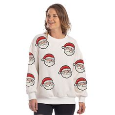 Get into the festive spirit with our Wholesale Sweatshirt with Sequined SANTA FACE Patches! Available in white or light pink, this sweatshirt is adorned with sparkling sequined Santa patches, making it the perfect addition to your holiday wardrobe. Crafted for comfort and style, it's the ideal choice for spreading cheer during the festive season. Whether you're attending a holiday party or enjoying cozy nights by the fire, this sweatshirt adds a touch of magic to any occasion. Get ready to sleig White Casual Sweater For Festive Occasions, White Festive Sweater For Fall, Casual White Sweater For Festive Occasions, White Crew Neck Top For Holidays, Casual White Festive Sweater, Festive White Sweater For Fall, Holiday White Crew Neck Top, White Sweatshirt For Fall Holiday, White Crew Neck Sweatshirt For Holiday