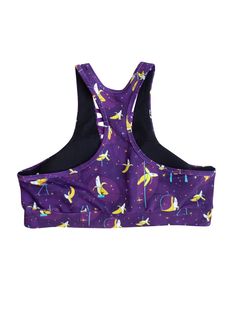 80% polyester, 20% spandex Racerback style bra with front criss-crossing straps Front lined with removable bra cups Stretch Push-up Sports Bra With Straps, Push-up Sports Bra With Adjustable Straps, Adjustable Push-up Bra, Stretch Push-up Bra Partially Lined, Purple Push-up Bra With Padded Cups, Criss Cross Bra, Banana Splits, Hair Wear, Banana Split