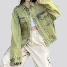 Turn heads this season with our Y2K-style Over-Dyed Cropped Denim Jacket. the must-have piece from our 2023 Spring-Summer Collection!Why It's Destined to Be Your New FavoriteThis updated classic is designed to make an unmistakable statement. Crafted from a unique fabric blend. it features an acid-green over-dye for a one-of-a-kind look.Exquisite Features: Oversized Fit: Cut for a simple fit. this piece is sure to become your go-to denim jacket. Cropped Design: Show off your favorite top with its Summer Washed Outerwear For Streetwear, Summer Streetwear Washed Denim Jacket, Summer Washed Denim Jacket For Streetwear, Summer Cropped Cotton Denim Jacket, Cropped Cotton Denim Jacket For Summer, Spring Grunge Relaxed Fit Outerwear, Casual Cropped Denim Jacket For Summer, Acid Wash Grunge Outerwear For Spring, Spring Grunge Cotton Denim Jacket