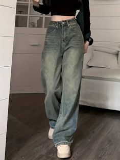 Refresh your denim collection with these statement-making wide-leg jeans that speak volumes about your impeccable taste. With a serene greenish wash and a tactile texture, they're the epitome of understated elegance. Their free-flowing design not only offers supreme comfort but also adds a dash of vintage charm to your ensemble. Rock them with a simple black crop top, lace-up flats, and a crossbody bag for a casual yet sophisticated vibe.Pattern:Bell-bottomsOccasion:Casual/DailyMaterial:PolyesterColor:GraySize:S,M,L,XL, Wide Leg Jeans Women, Pants Grunge, Washed Denim Pants, Baggy Wide Leg Jeans, Jean Vintage, Casual Wide Leg Pants, Boyfriend Jean, Blue Trousers, Y2k Baggy