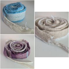 three pictures of different types of yarns and ribbons on a table with one rolled up in the middle