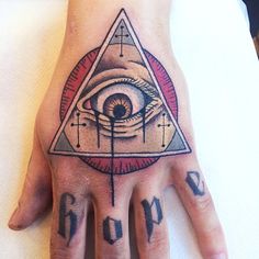 a hand with an all seeing eye tattoo on it