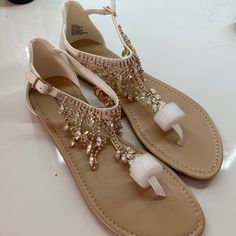 White, Gold And Silver Sparkle Sandals! Brand New! Embellished White Synthetic Sandals, White Rhinestone Sandals For Vacation, White Embellished Flat Sandals, White Flat Embellished Sandals, Sparkle Sandals, Just Fab Shoes, Silver Sparkle, Gold And Silver, Women's Shoes Sandals