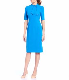 Women's Dresses & Gowns | Dillard's Elegant Ruffled Tie-neck Dress, Chic Fitted Tie-neck Dress, Chic Fitted Dress With Tie Neck, Elegant Tie Neck Dress For Daywear, Knee-length Workwear Dresses With Gathered Neckline, Fitted Tie Neck Dress For Daywear, Neck Stretches, Stretch Crepe, Dillard's