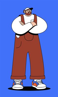 the simpsons character is wearing overalls and standing in front of a blue background with his arms crossed