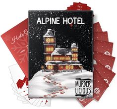 the alpine hotel book is surrounded by red and white paper with snow on it, along with other christmas themed items