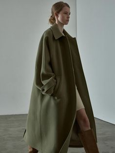 Oversized Cashmere Balmacaan Coat - Khaki 2024 Coat Trends, Korean Fashion Coat, Row Aesthetic, Fw 2024, Oversized Wool Coat, Sleeve Silhouette, Coat Trends, Long Wool Coat, Oversized Coat