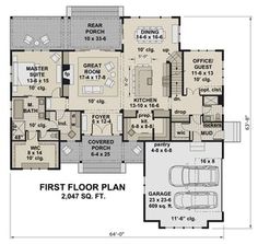 the first floor plan for a house with two car garages and an attached living area