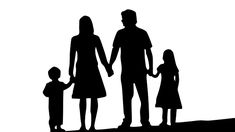 a family silhouetted against a white background holding hands and standing on top of a hill