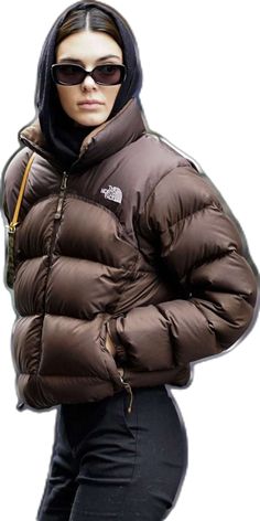 Kendall Jenner North Face, Brown Puffer Jacket, Puffer Jacket Outfit, Brown Puffer, Bubble Coat, North Face Nuptse, Black Hood, Coat Stands, Biker Leather