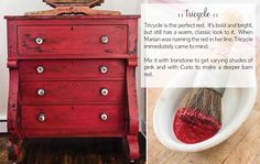 a red dresser with a brush sitting on top of it