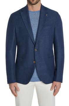 Constructed from a soft, wool-blend knit, this sport coat styled in a mottled blue features a relaxed profile that's ideal for elevating any casual look. 29 1/2" length (size 40R) Notched lapels Nonfunctional four-button cuffs Side vents Chest welt pocket; front patch pockets Partially lined 48% wool, 33% linen, 15% cotton, 2% silk, 2% elastane Dry clean Made in Canada Blue Sport Coat With Patch Pockets For Spring, Blue Spring Sport Coat With Patch Pockets, Casual Tailored Tweed Jacket With Notch Lapel, Navy Casual Outerwear With Notch Lapel, Casual Wool Tweed Jacket For Business, Casual Wool Tweed Jacket For Business Casual, Blue Tweed Jacket With Lapel Collar For Fall, Casual Notch Lapel Tweed Jacket For Business Casual, Spring Blue Wool Blazer