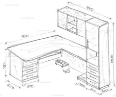 a drawing of an office desk with drawers and cupboards on the bottom, along with measurements for each drawer