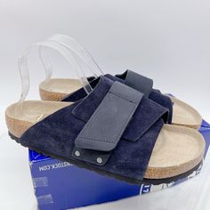 Birkenstock Kyoto Sandal Midnight Suede Leather Eu 44 Mens Us 11- 11.5 Regular/ Wide Condition: New Without Box Casual Blue Leather Slides, Blue Leather Footbed Slip-on Slides, Navy Round Toe Sandals With Cushioned Footbed, Blue Leather Slide Sandals, Blue Suede Sandals With Leather Footbed, Blue Slides With Leather Footbed, Blue Leather Slides With Textured Footbed, Blue Leather Footbed Sandals With Removable Insole, Blue Leather Footbed Sandals