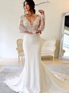 Lace Applique Trumpet/Mermaid V-neck Stretch Crepe Court Train Wedding Dress Florida Wedding Dress, Beach Wedding Dresses Backless, Gorgeous Images, Elegant Bridal Dress, Train Wedding Dresses, Court Train Wedding Dress, Train Wedding Dress, Cheap Gowns, Long Sleeve Wedding Dress Lace