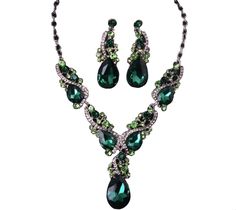 PRICES MAY VARY. Silver Tone Antique Style Art Deco Dark Hunter Forest Green Emerald Peridot Rhinestone Statement Wedding Bridal Prom Chunky Statement Earrings Necklace Gift Set Necklace measures 18" inches long including extension chain. Looks great worn short and close to the neck as a choker/collar necklace or worn long on the chest. Large Long earrings measure 2.25" inches long x .75" inches wide. Perfect for formal events, prom, pageant, drag queen, Gatsby party, wedding and bridal accessor Emerald Costume Jewelry, Slytherin Wedding, Emerald Statement Necklace, Emerald Tiara, Emerald Green Jewelry, Green Statement Earrings, Dark Hunter, Choker Collar Necklace, Style Art Deco