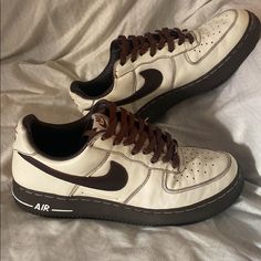 Good Condition But Are 18 Years Old So Some Wear On Them As To Be Expected. Off White/Brown Color. Mens Size 10. $100 Obo Almost Vintage And Definitely A Collectable. White And Brown Nike, Brown Lace-up Nike Air Force 1 For Sports, Brown Nike Air Force 1 Lace-up, Nike Air Force 1 Brown 20-80 Euros, Nike Brown, Premium Colors, Air Force 1, Nike Air Force, Mens Shoes Sneakers