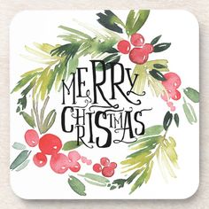 watercolor christmas wreath with the words merry christmas written in black and red on it