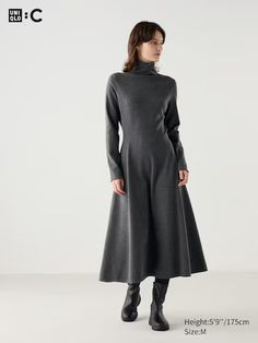 Smooth Souffle Flare Dress | Turtleneck | UNIQLO US Demure Outfit, Flared Dress, Interview Outfit, Turtle Neck Dress, Styling Ideas, Comfortable Outfits, Gray Dress, Long Length, Uniqlo