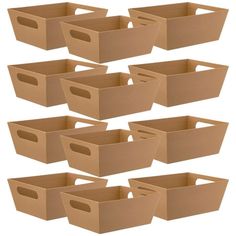 six brown boxes with handles are shown in different positions on a white background, one is empty and the other has no lid