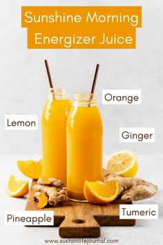 two bottles of homemade fresh juice Juice For Morning, Superfood Juice Recipes, Tumeric Ginger Drink, Juicing With Pineapple, Juice Recipes With Ginger, Pineapple Juice Recipes Drinks, Juicer Shot Recipes, Juicing With Oranges, Juices With Tumeric