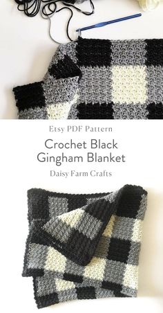 crochet black and white afghan blanket with text overlay that says,'crochet black gingham blanket '