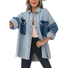 *Stay On-Trend With Our Trendy Shacket Jacket For Women. This Oversized Outerwear Features A Unique Color Blocking Design That Adds A Pop Of Style To Your Outfits. *Our Oversized Jean Jacket Women Features A Button Closure, Lapel, Frayed Raw Hemline, Long Sleeves, And Two Chest Pockets. The Distressed Look Adds A Stylish Touch. *The Color Block Fall Button Down Shirts For Women Is Made Of Soft And Durable Fabric,High Quality And Comfortable To Wear. *Pair It With Jeans And A Basic Tee For A Casu Trendy Light Wash Shacket For Fall, Oversized Blue Denim Jacket With Pockets, Trendy Light Wash Collared Outerwear, Denim Long Sleeve Outerwear For Layering, Denim Shacket With Pockets In Blue, Blue Denim Shacket With Pockets, Oversized Button-up Denim Blue Outerwear, Oversized Denim Blue Button-up Outerwear, Light Wash Oversized Outerwear With Pockets